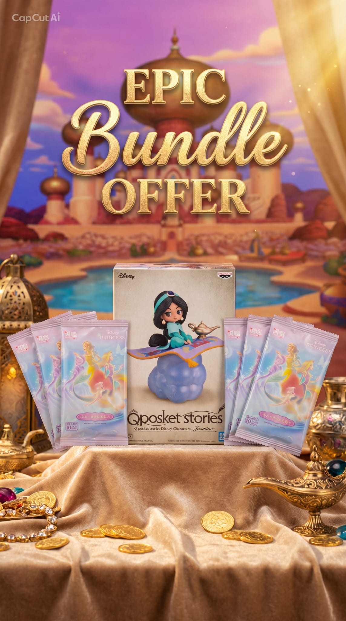 Disney Collector’s Bundle: Jasmine Qposket Figure + 6x Disney Shining Soul Packs